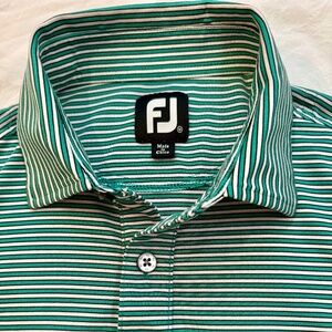 Footjoy Golf Shirt Men’s Medium Green + white striped River Bend Club Logo